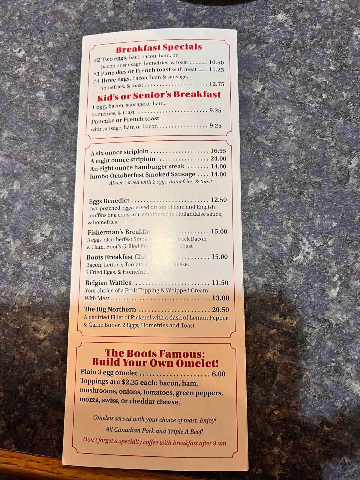 Menu at Boot & Blade Restaurant, Owen Sound