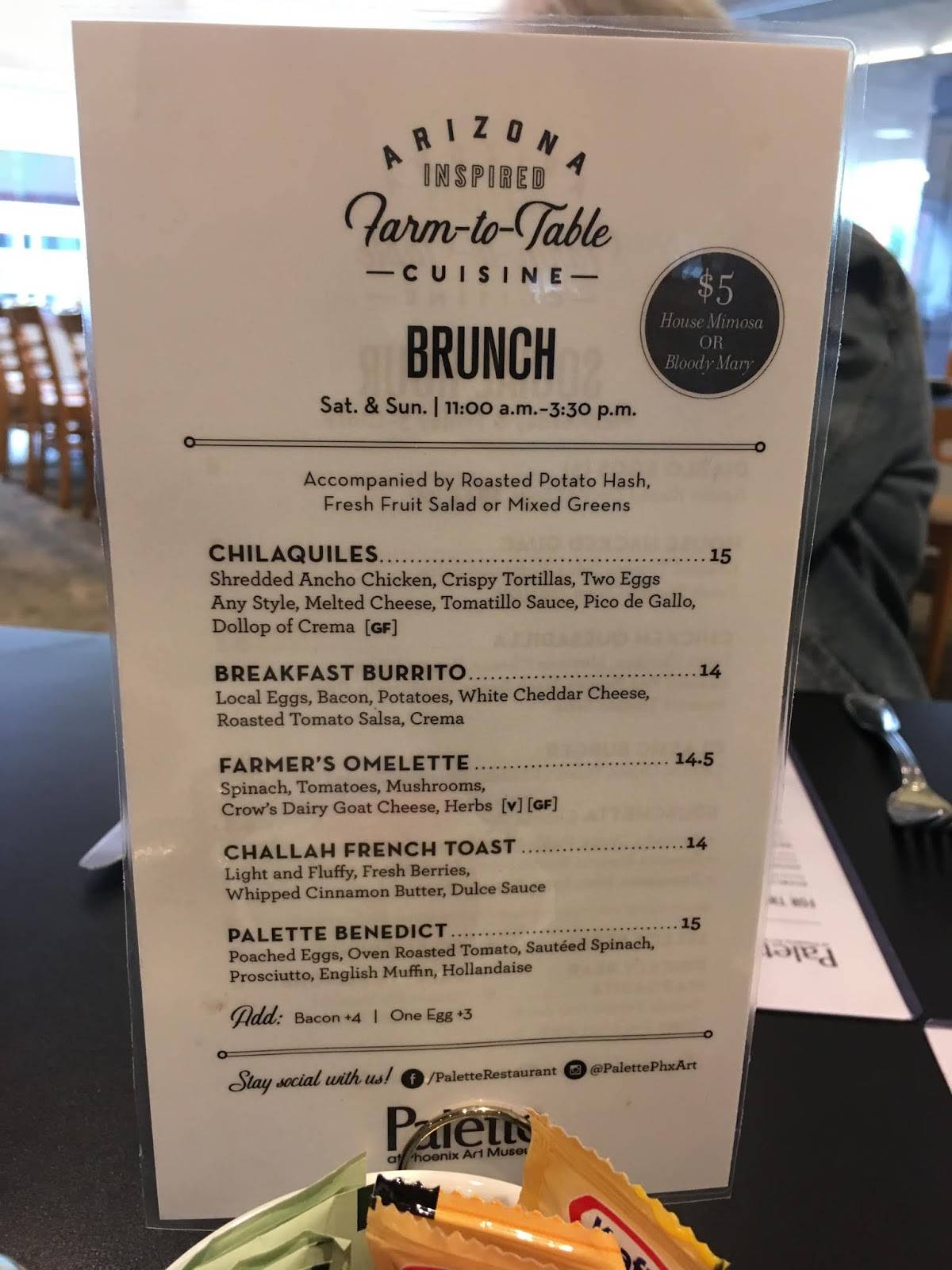 Menu at Temporary Café at Phoenix Art Museum cafe, Phoenix