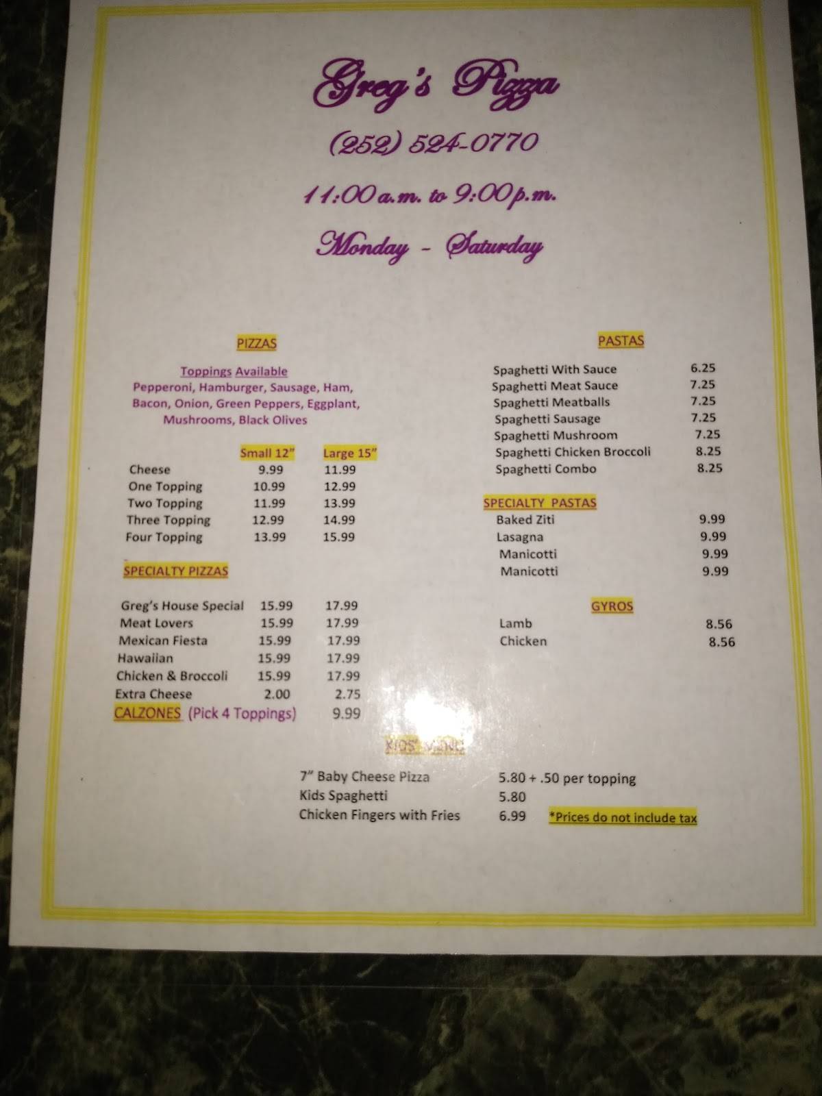 Menu at Greg's Pizza pizzeria, Grifton
