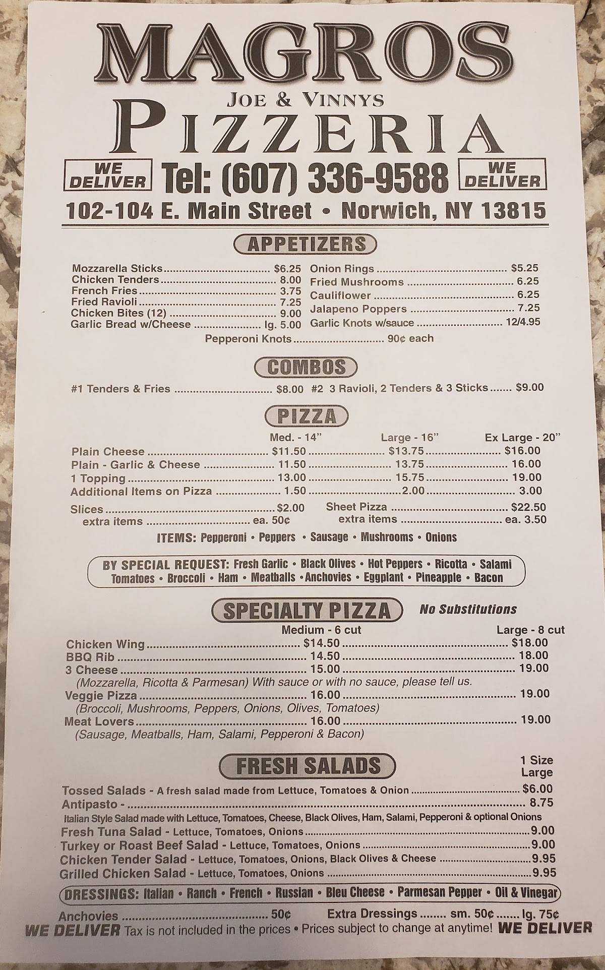 Menu at Magro's Norwich pizzeria, Norwich