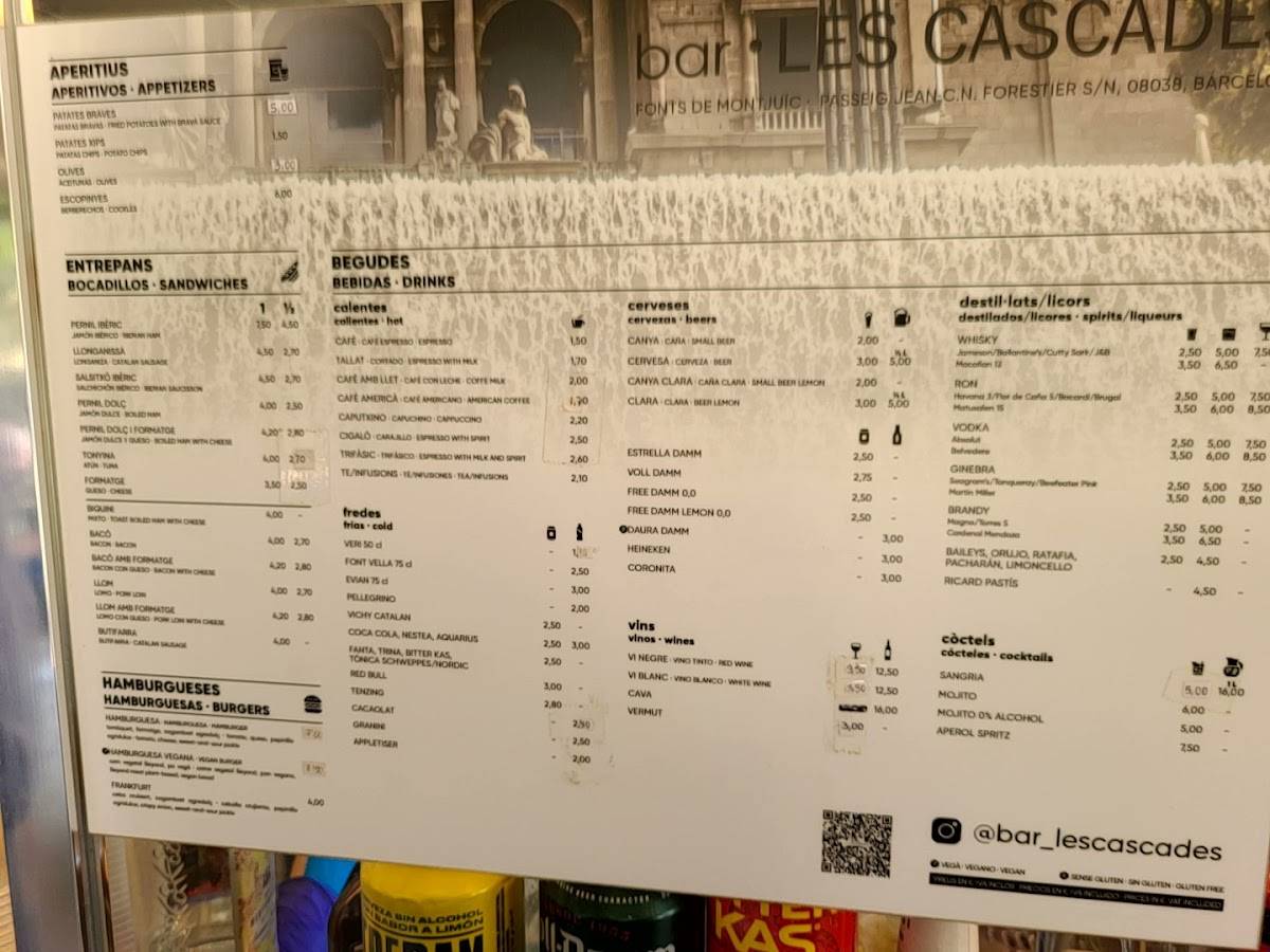 Carta de Bar Les Cascades, Barcelona, Pg. de Jean Forestier