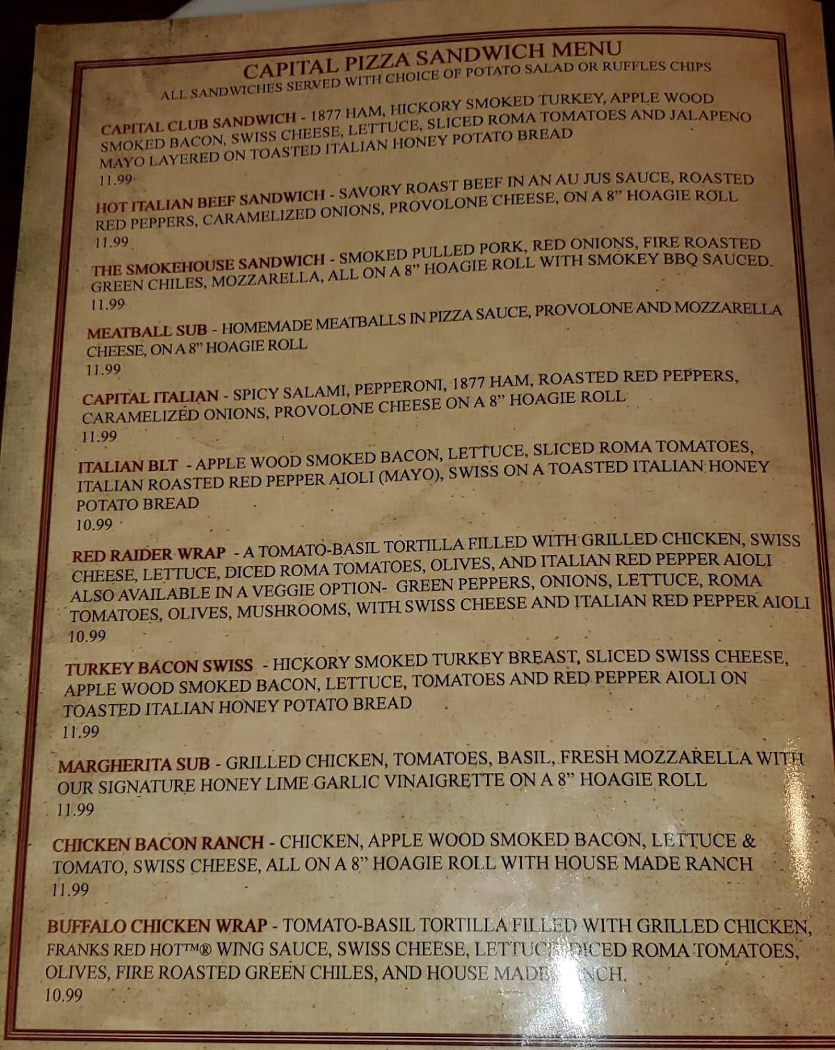 Menu At Capital Pizza Pub & Bar, Lubbock, Slide Rd