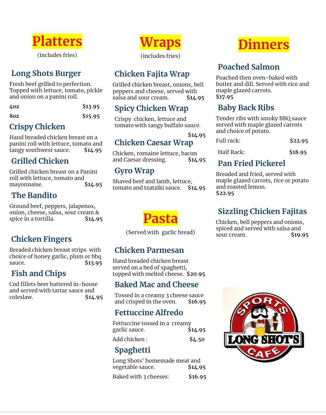 Menu at Long Shots Sports Cafe, Deep River