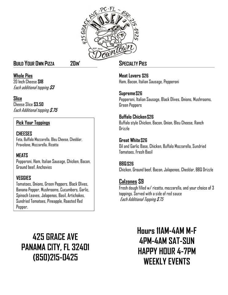 Menu at Mosey's Downtown pub & bar, Panama City