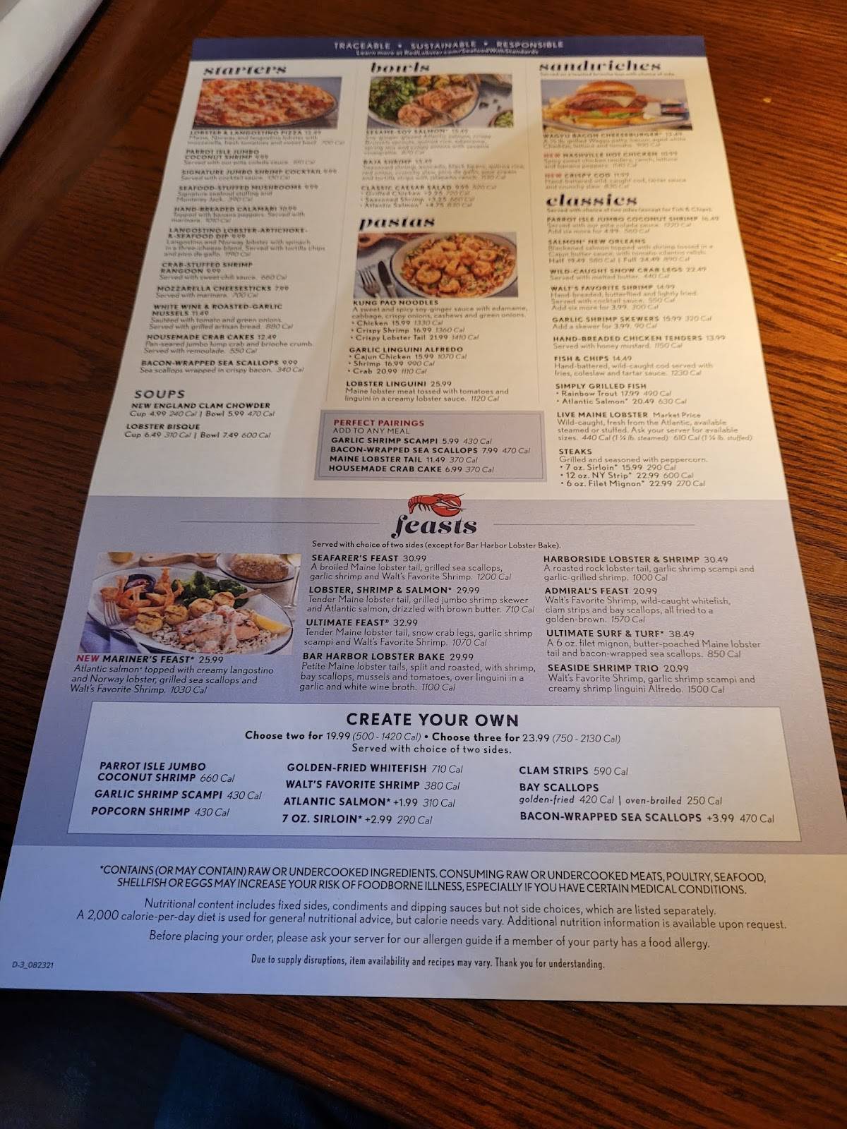 Menu at Red Lobster restaurant, Fort Wayne