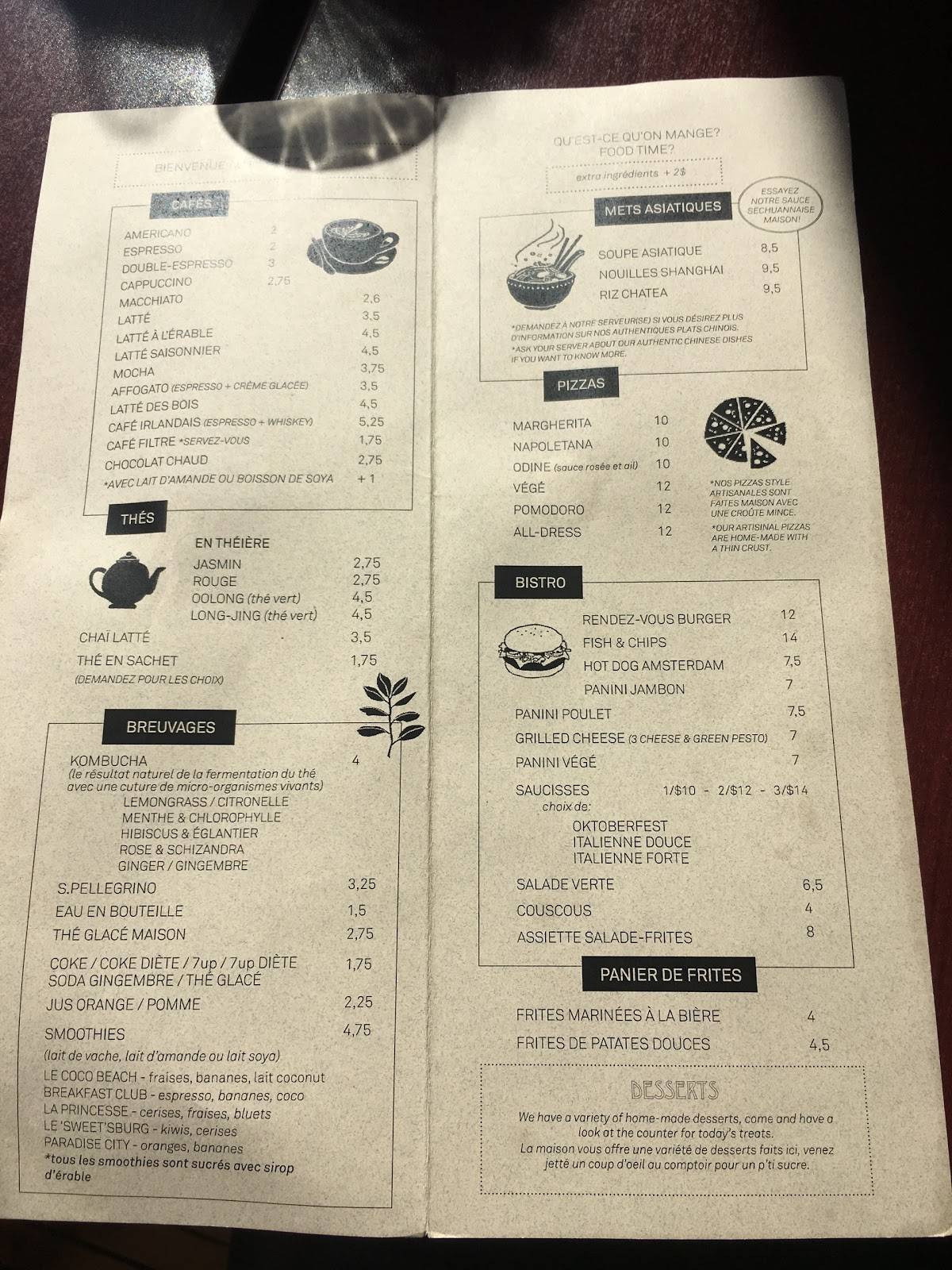 Menu au Rendez Vous Café, Cowansville