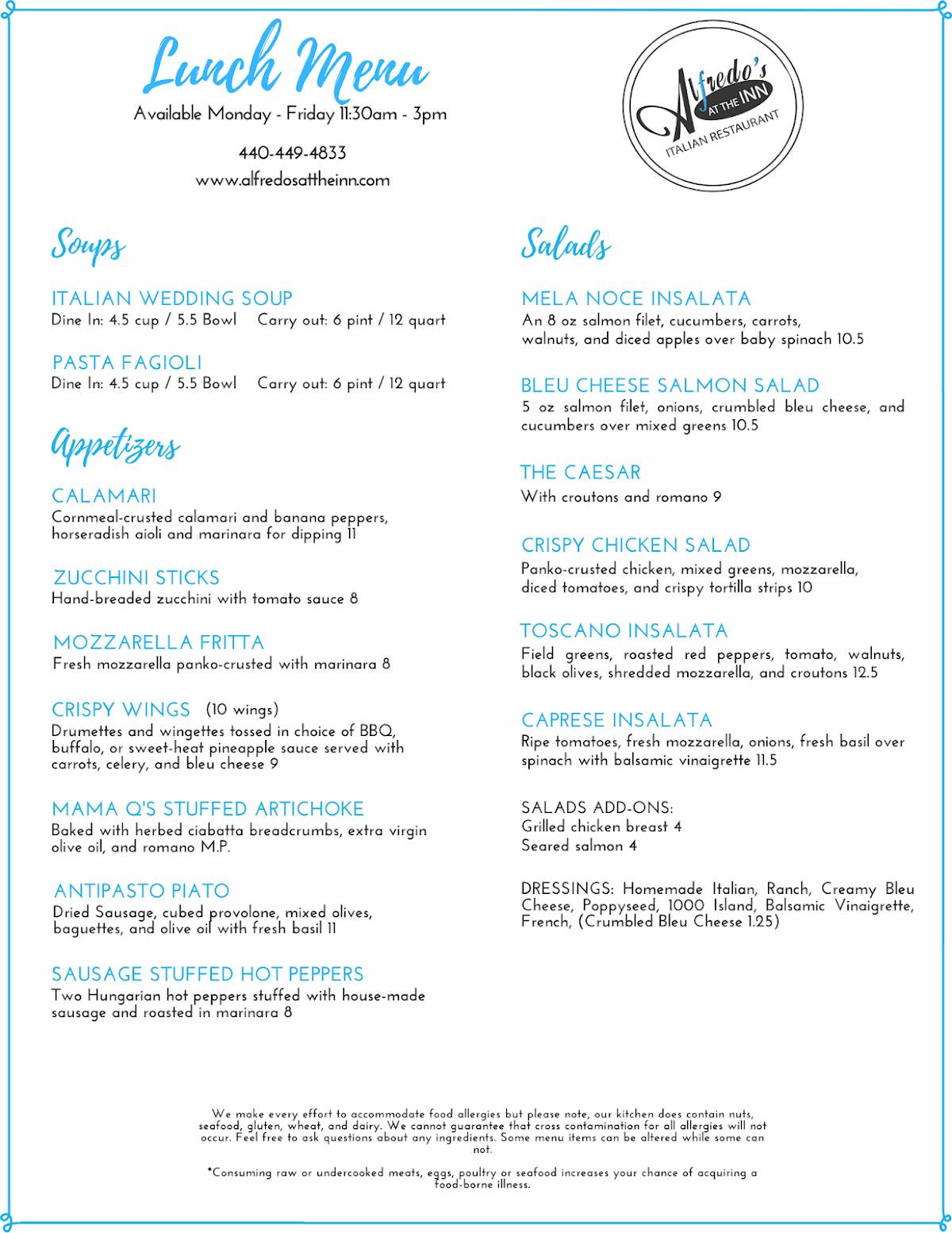 Menu at Alfredo's At the Inn Italian Restaurant, Mayfield