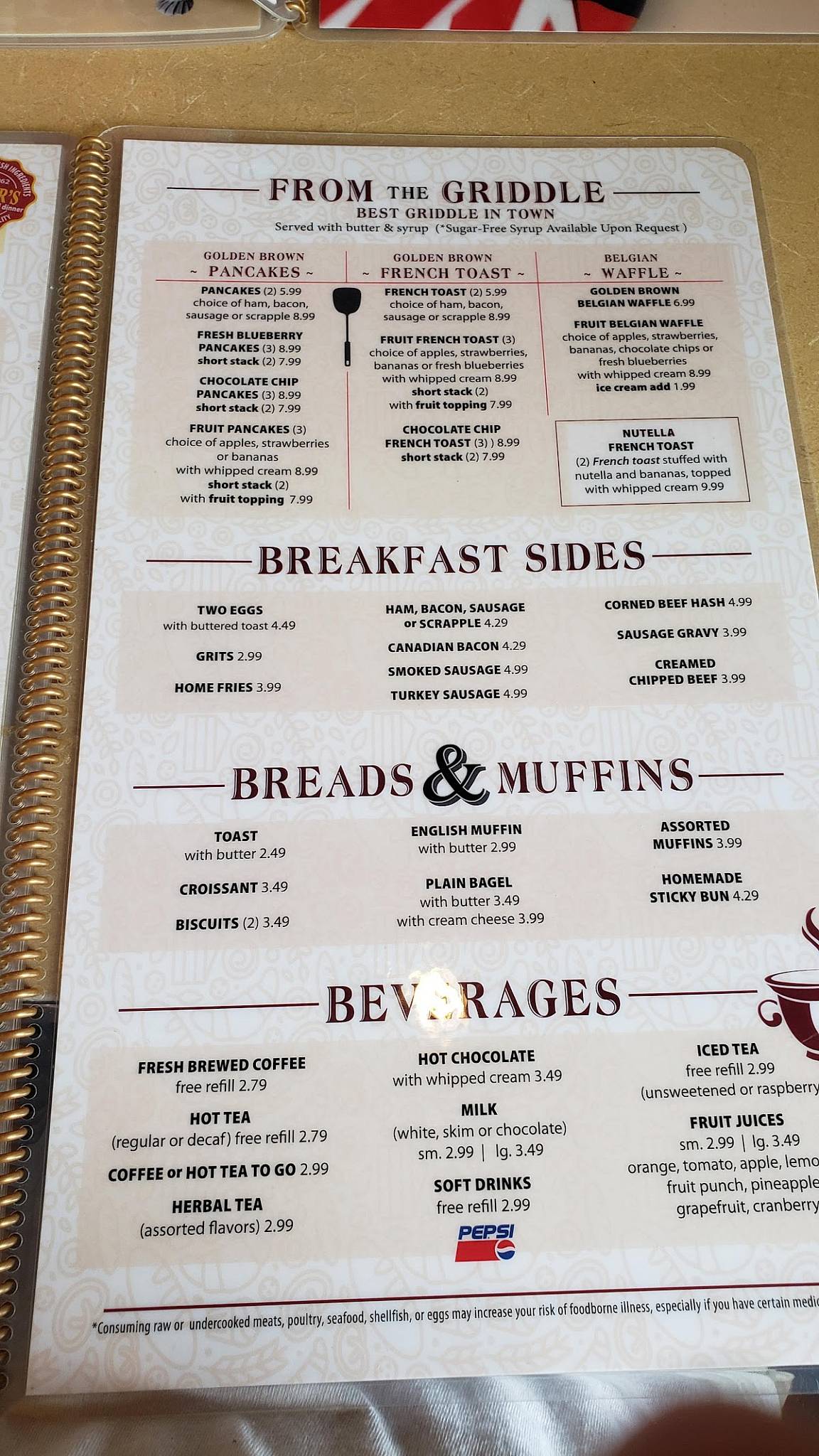 Menu at Baker's Diner restaurant, Dillsburg