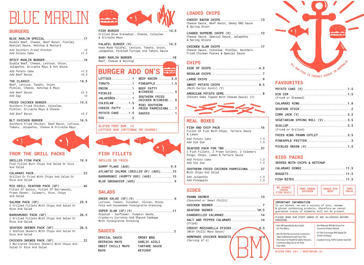 Menu at Blue Marlin Fish n Chips restaurant, Caroline Springs, shop 15