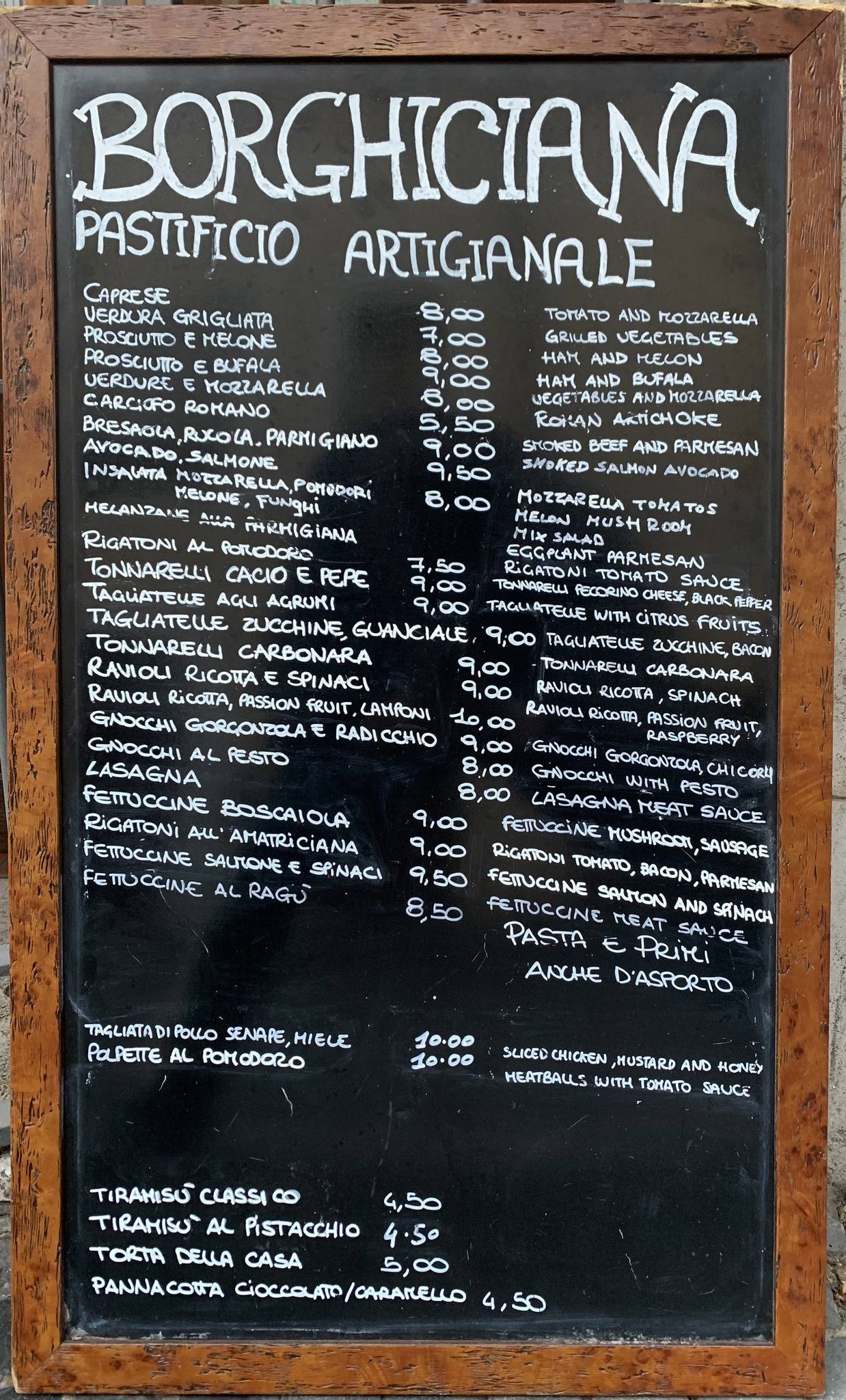 Menu at Borghiciana Pastificio Artigianale restaurant, Rome