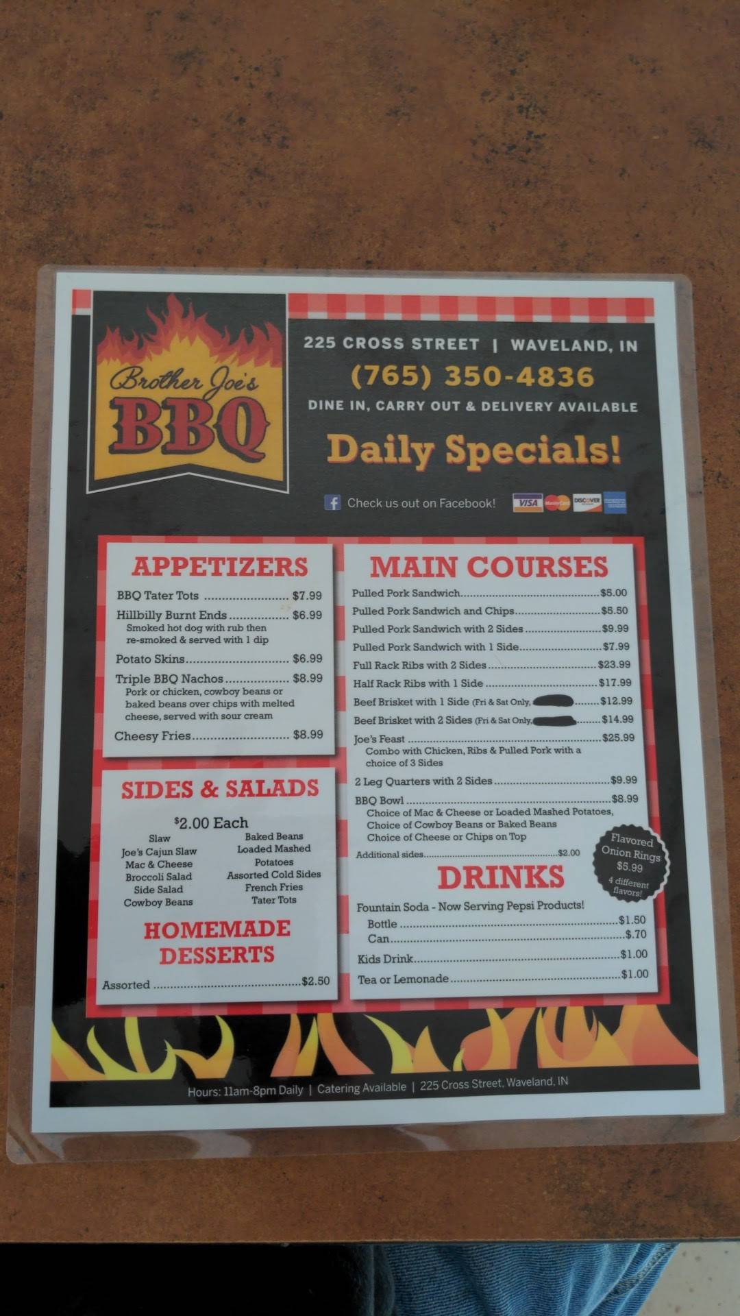 Menu at Brother Joe's BBQ, Waveland