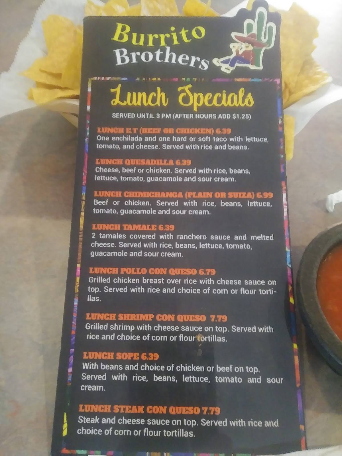Menu at Burrito Brothers restaurant, Asheboro