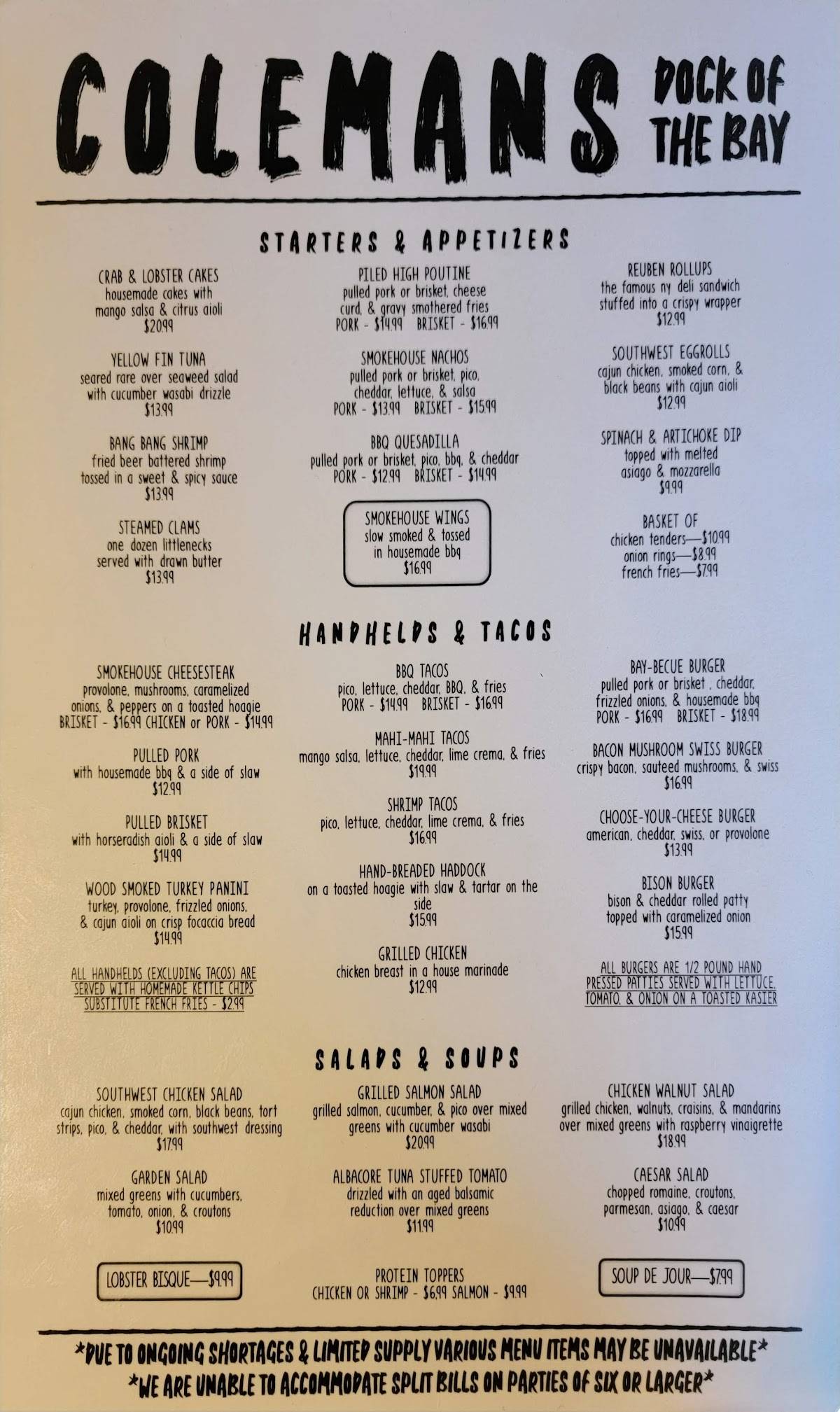 Menu at Coleman's Dock Of The Bay restaurant, Alexandria Bay