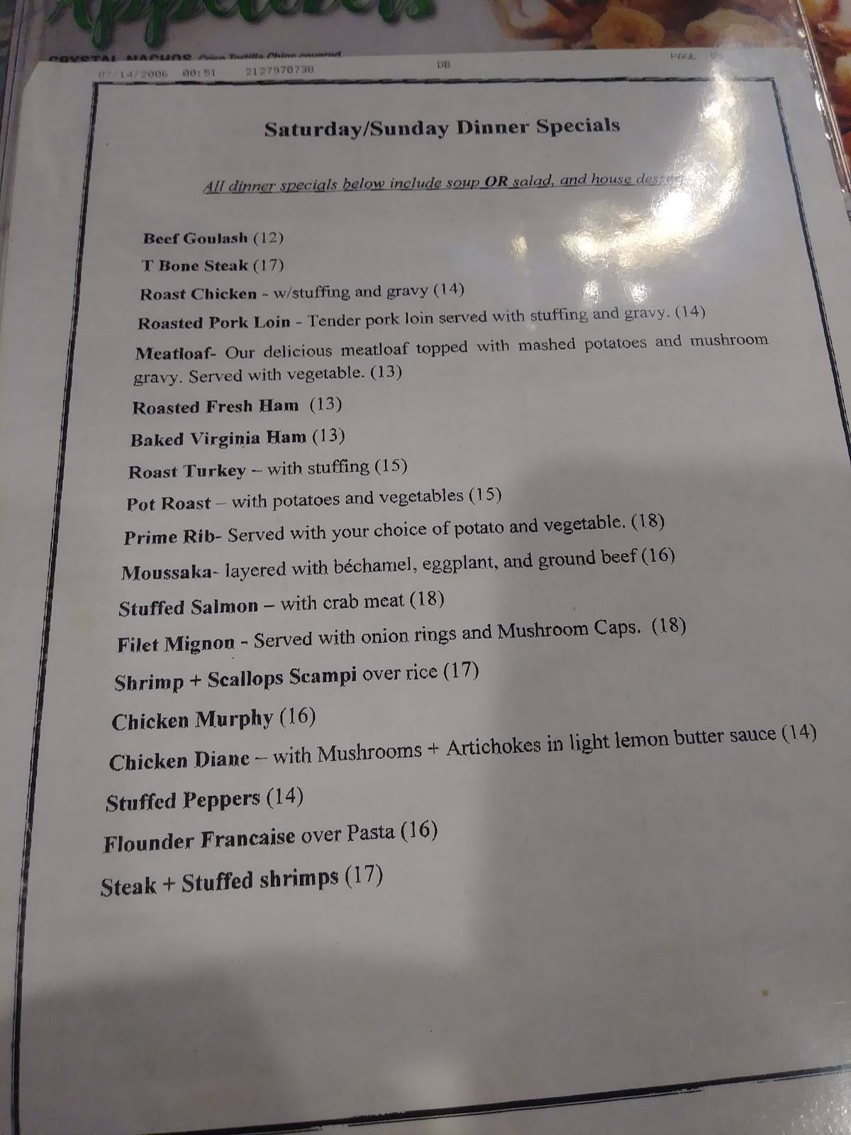 Menu at Crystal Diner restaurant, Toms River, 2 NJ37