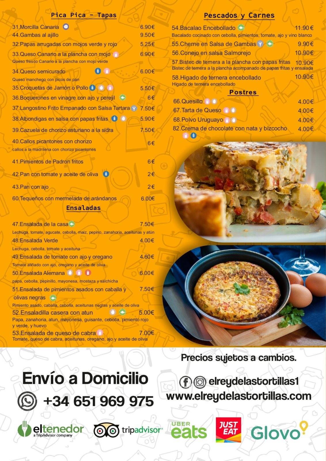 Carta de Restaurante El Rey de las Tortillas, Puerto de la Cruz