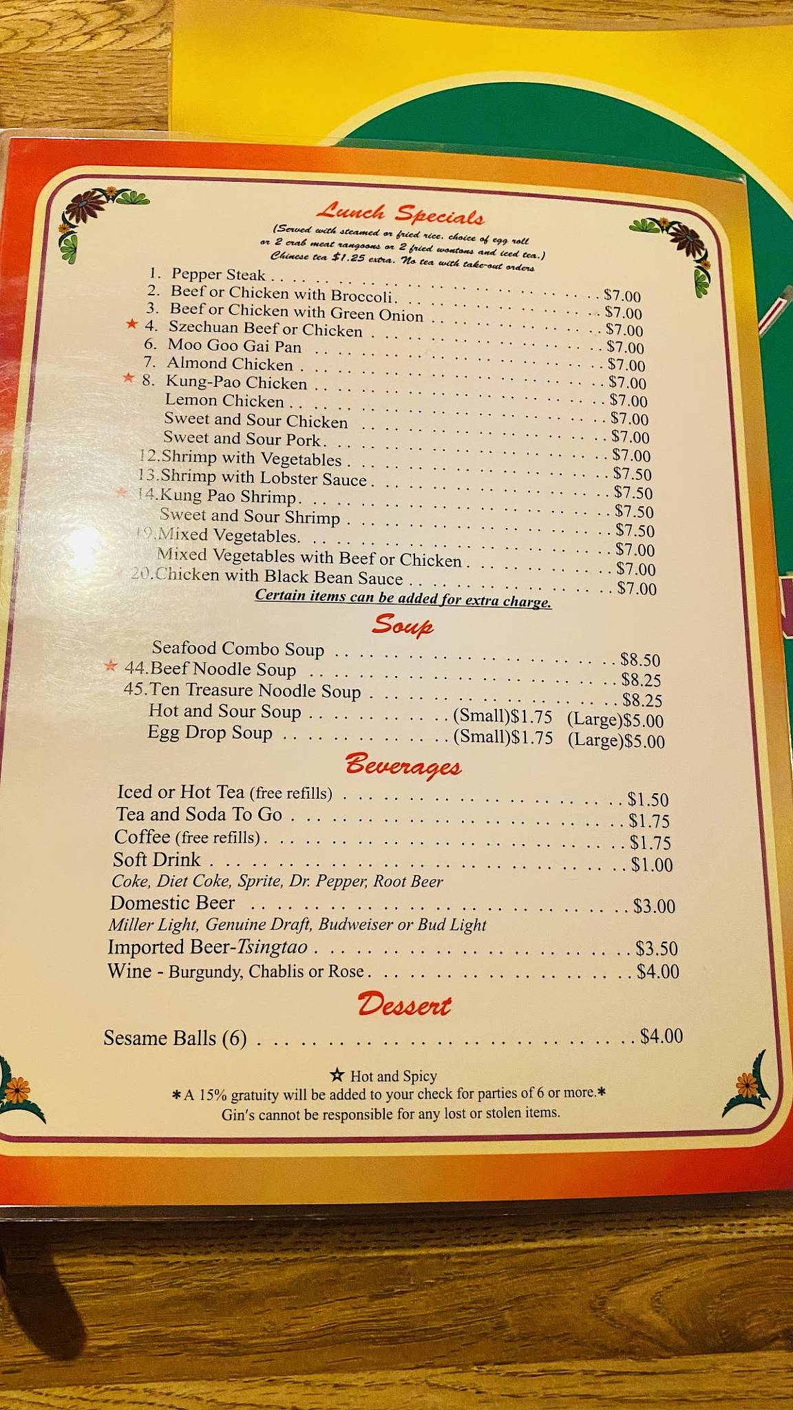 Menu at Gin Chinese Restaurant, San Antonio