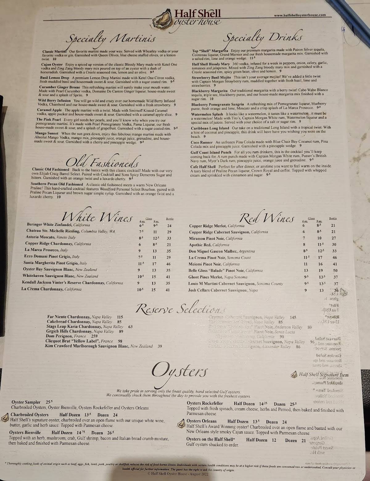 Menu at Half Shell Oyster House restaurant, Gulfport