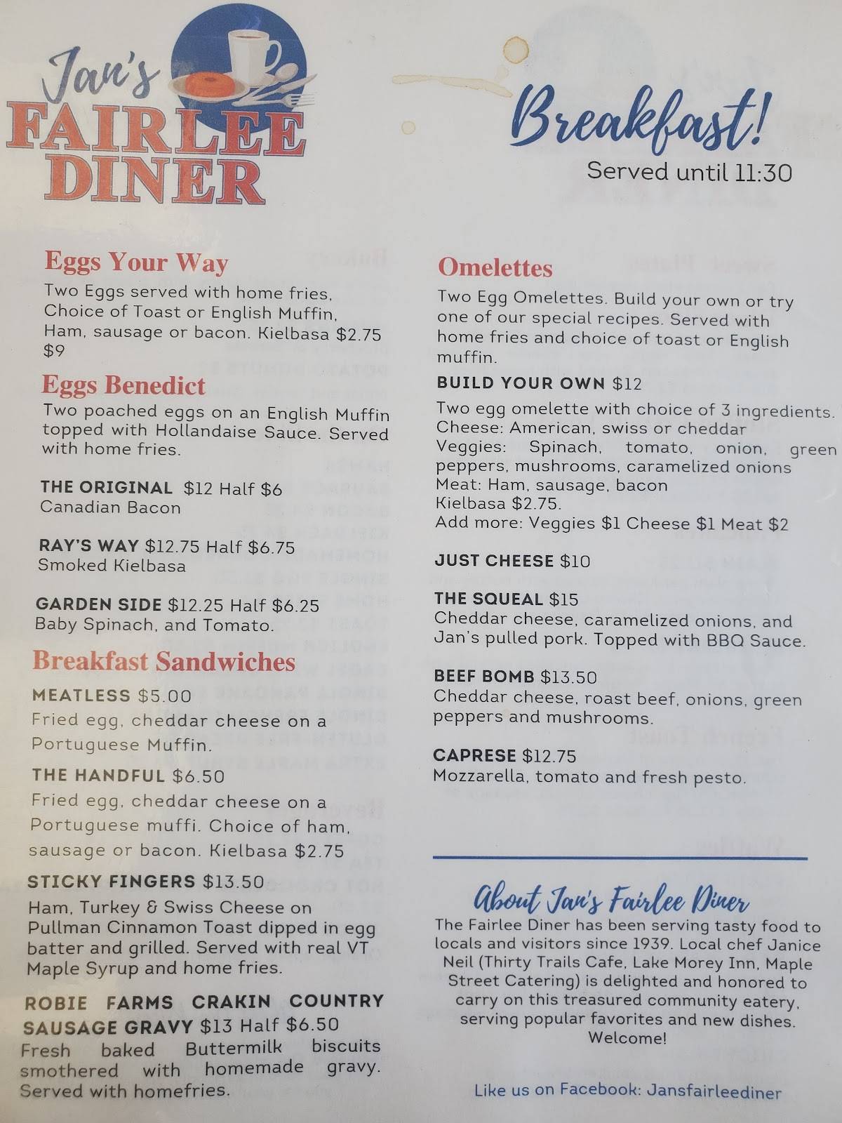 Menu at Jan’s Fairlee Diner restaurant, Fairlee, 614 US 5N