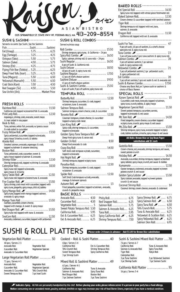 Menu at Kaisen Restaurant, Agawam