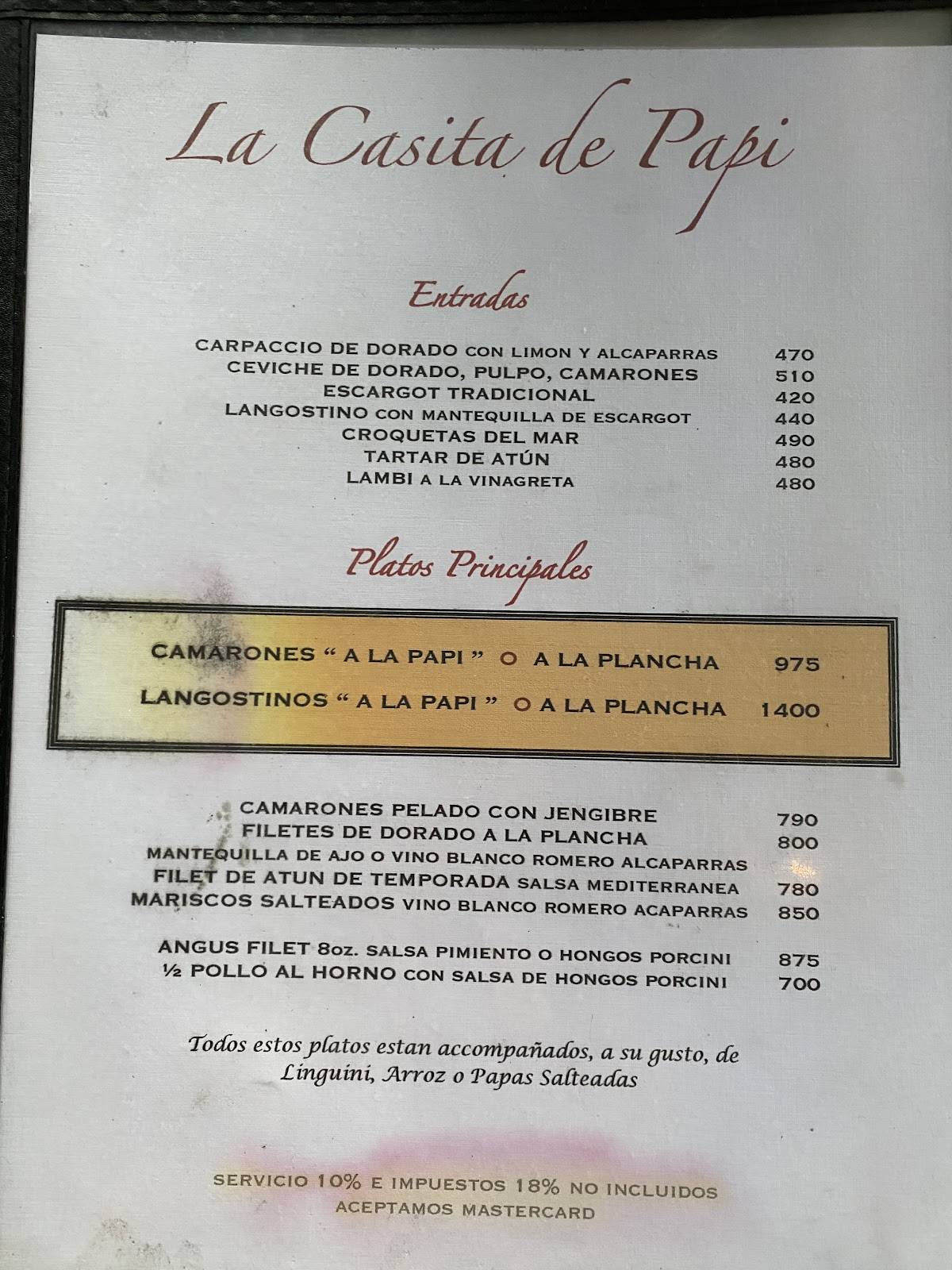 Menu at La Casita de Papi restaurant, Cabarete