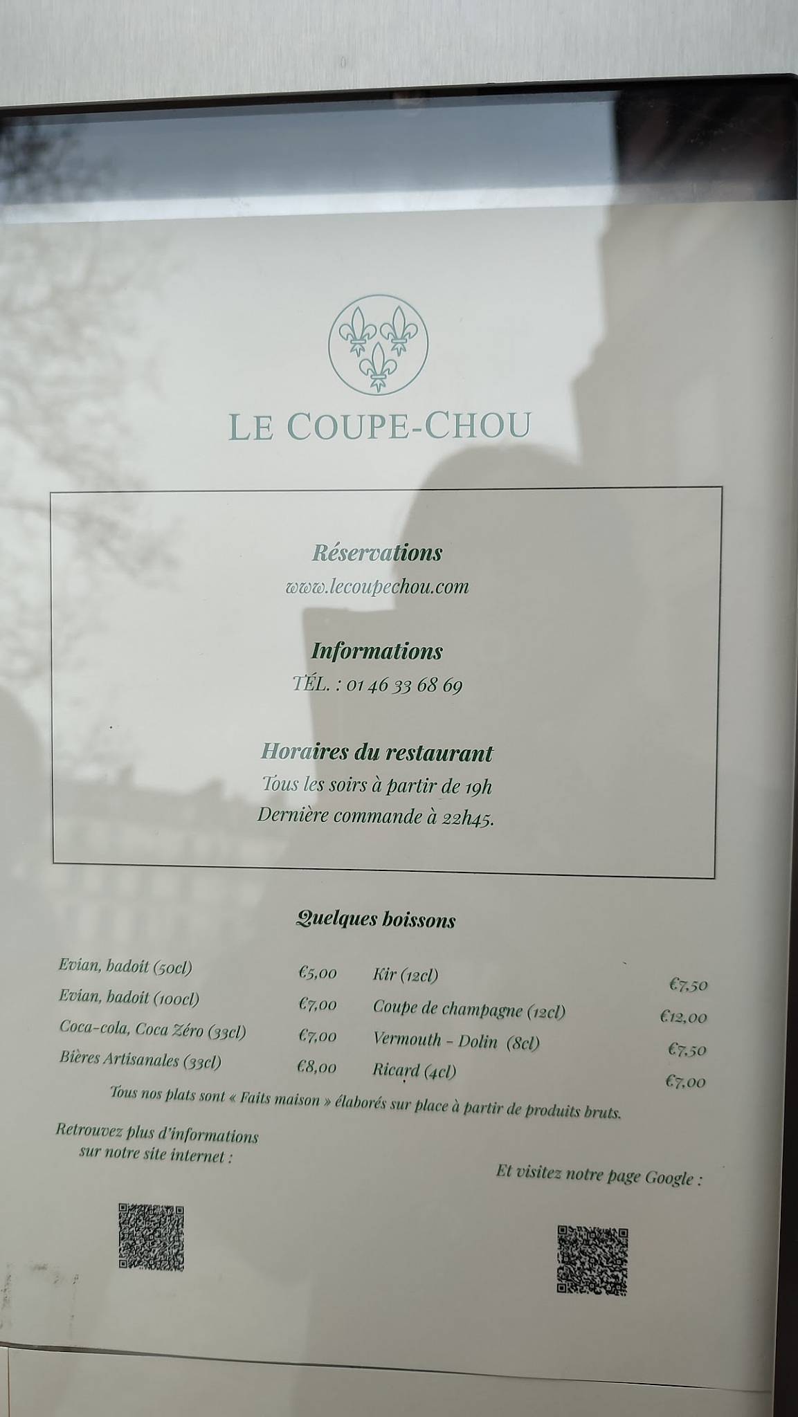 Menu at Restaurant Le Coupe-Chou, Paris, 11 Rue de Lanneau