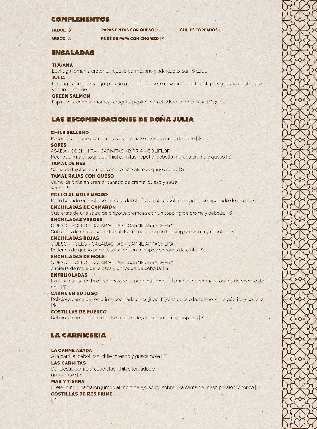 Menu at Los Amores de Julia restaurant, Hesperia