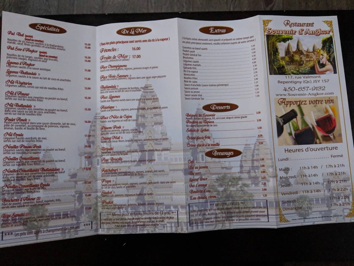 Menu at Restaurant Souvenir DAngkor, Repentigny