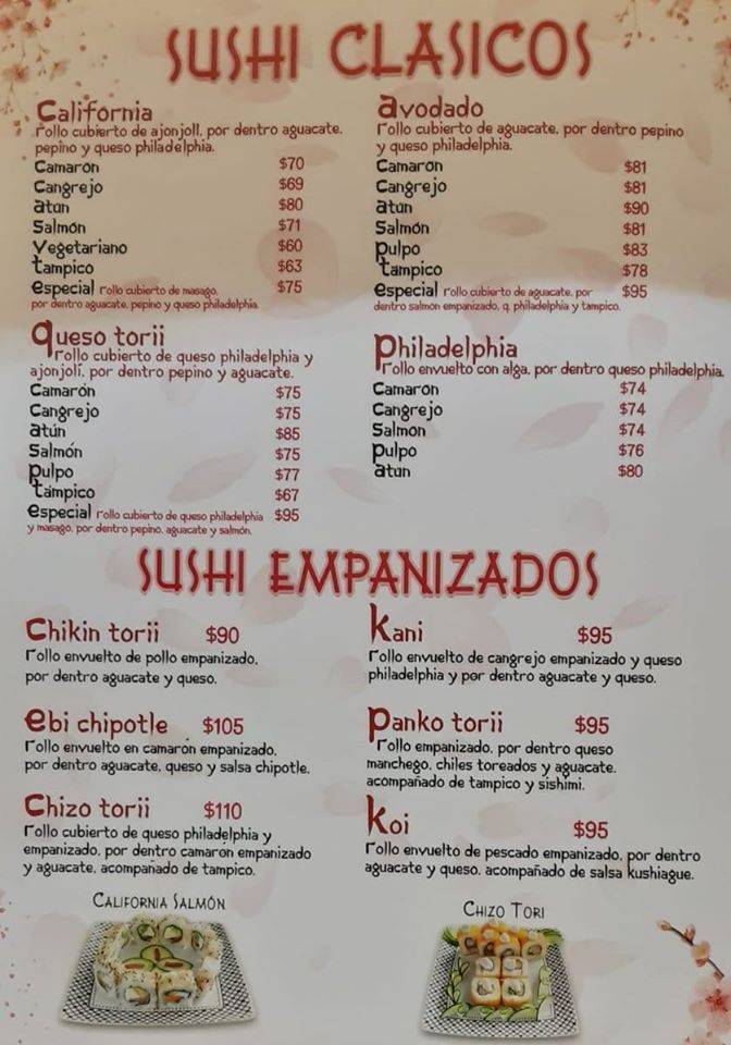 Carta del restaurante Sushi Torii Japonés Mexico