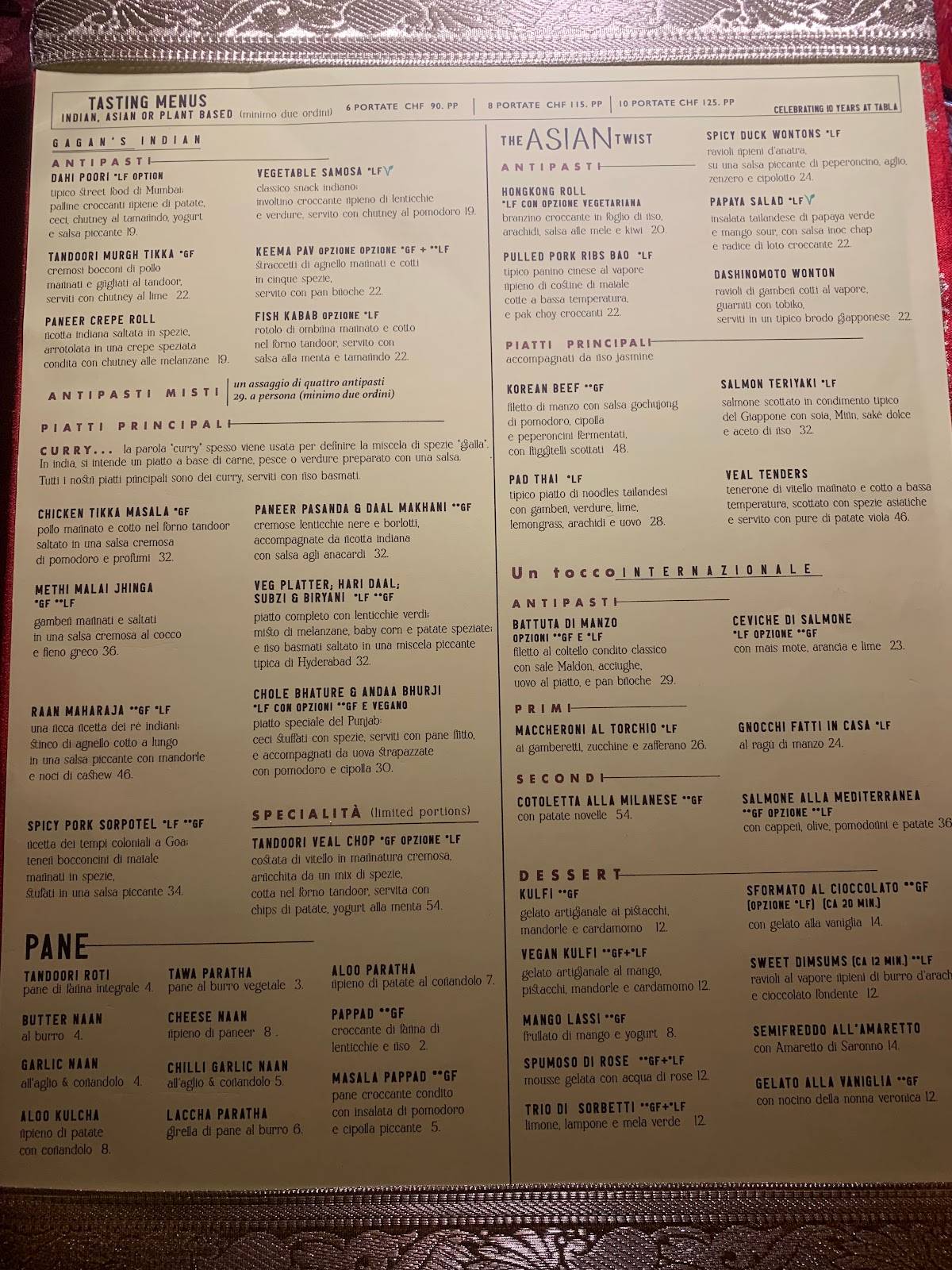 Menu da Tabla, Indian & Asian Cuisines, Collina d'Oro