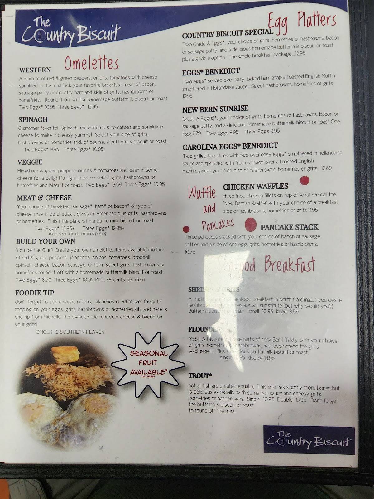 Menu at The Country Biscuit restaurant, New Bern