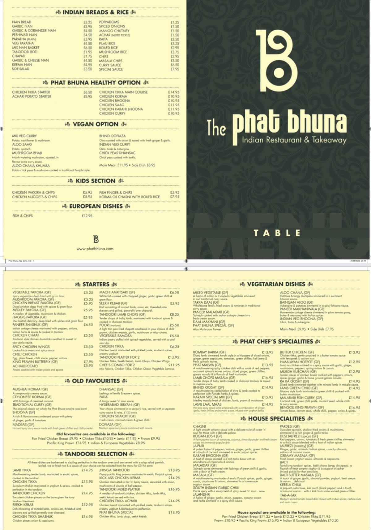 Menu at The Phat Bhuna restaurant, Paisley