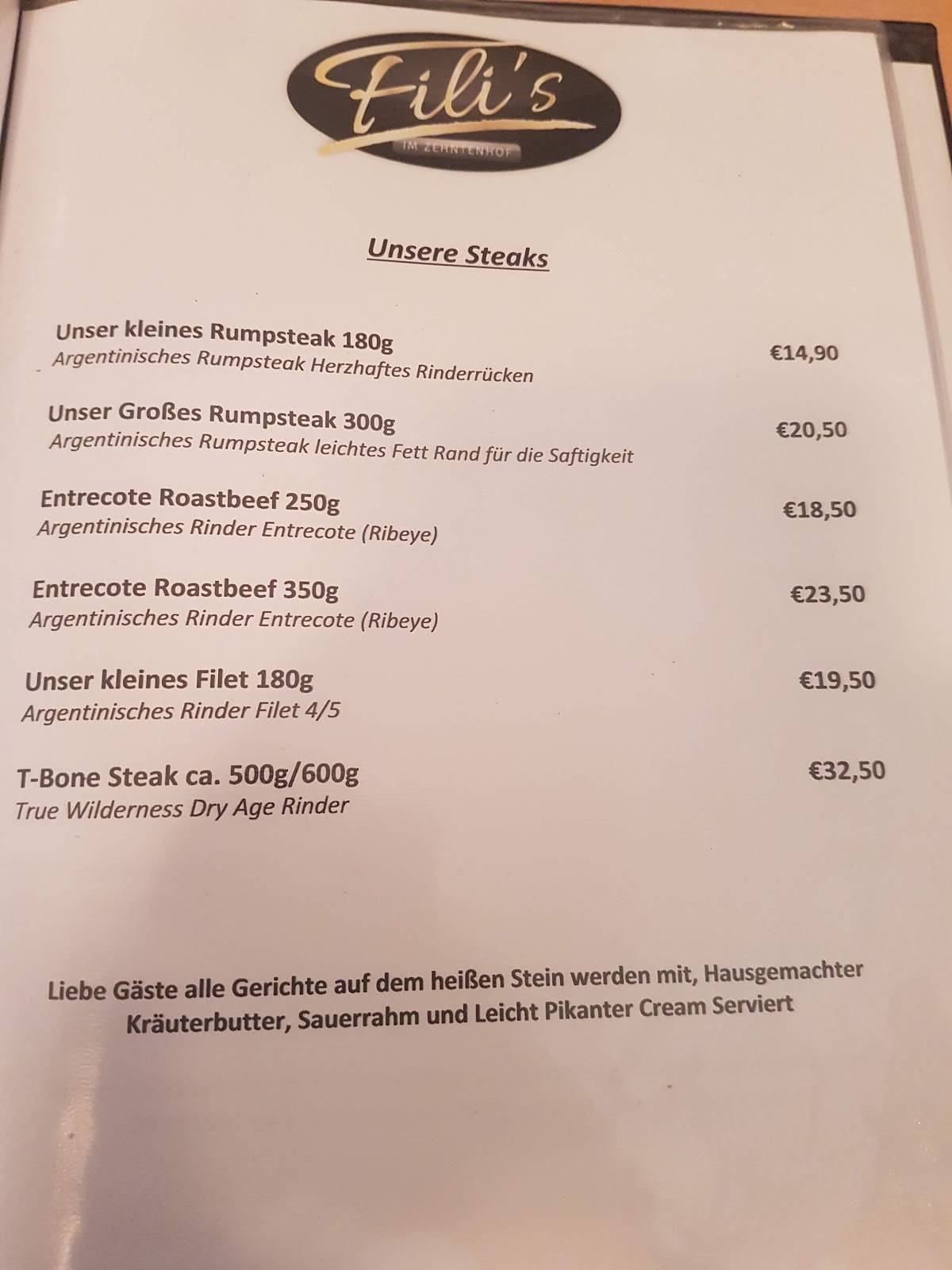 Speisekarte von Fili´s im Zehntenhof steakhaus, Oestrich-Winkel