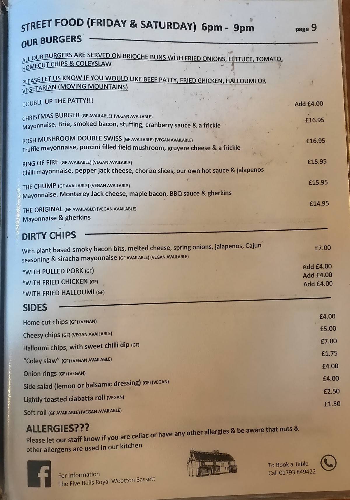 Menu at The Five Bells pub & bar, Swindon