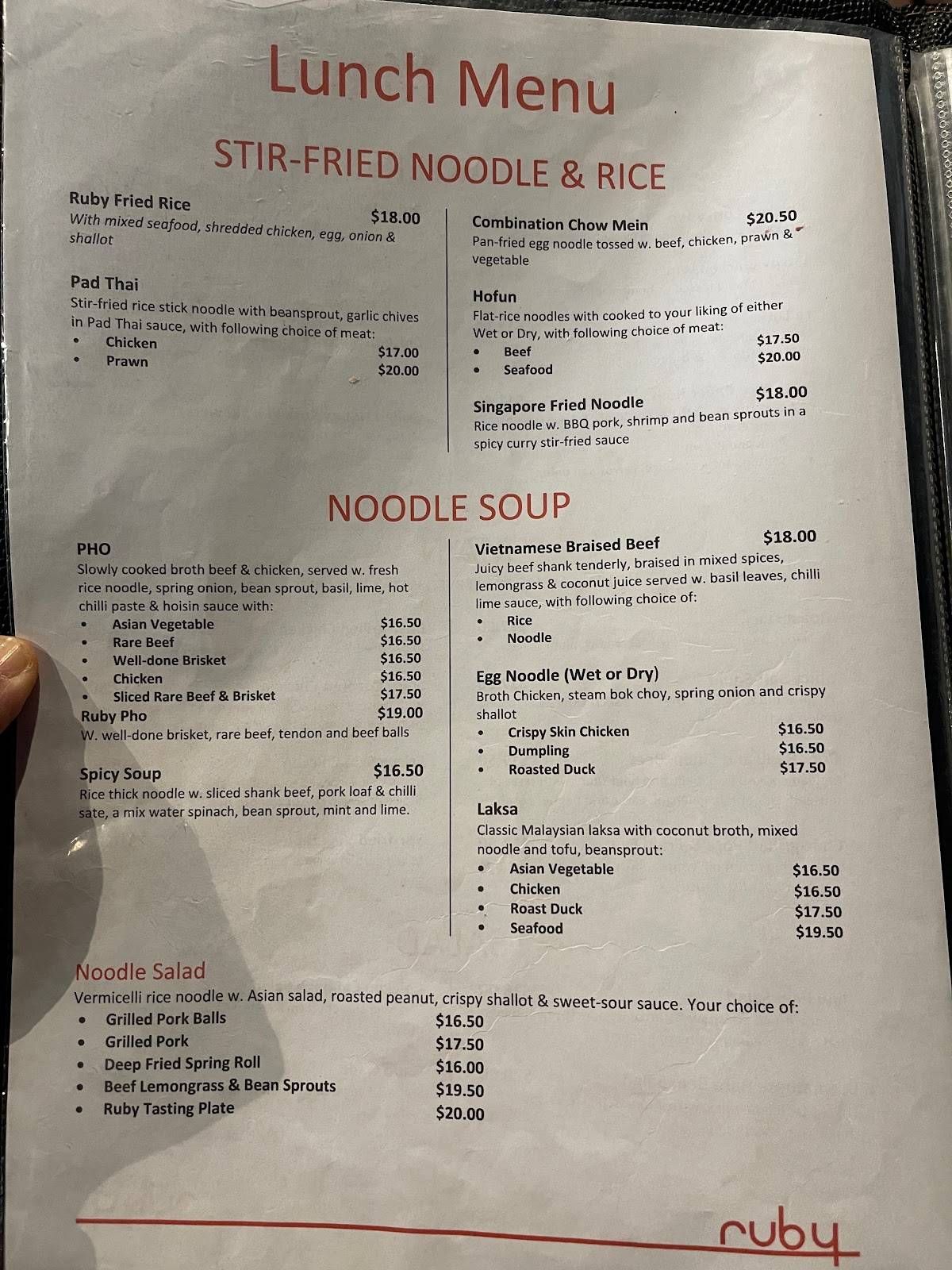 Menu at Ruby Vietnamese Restaurant, Darwin City