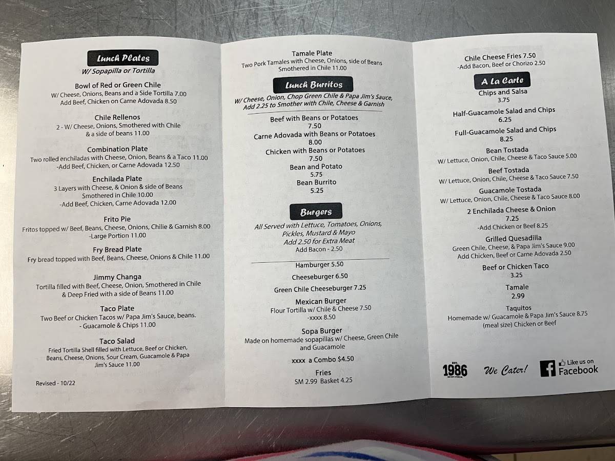 Menu at Santiago's restaurant, Albuquerque