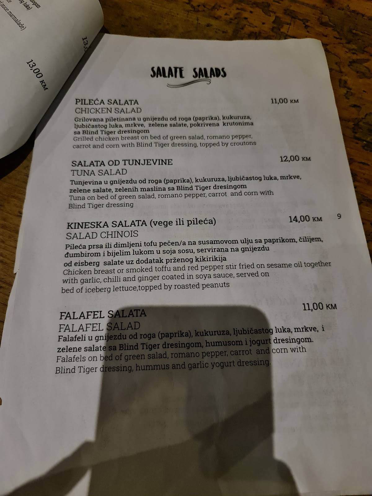 Menu at Blind Tiger restaurant, Sarajevo