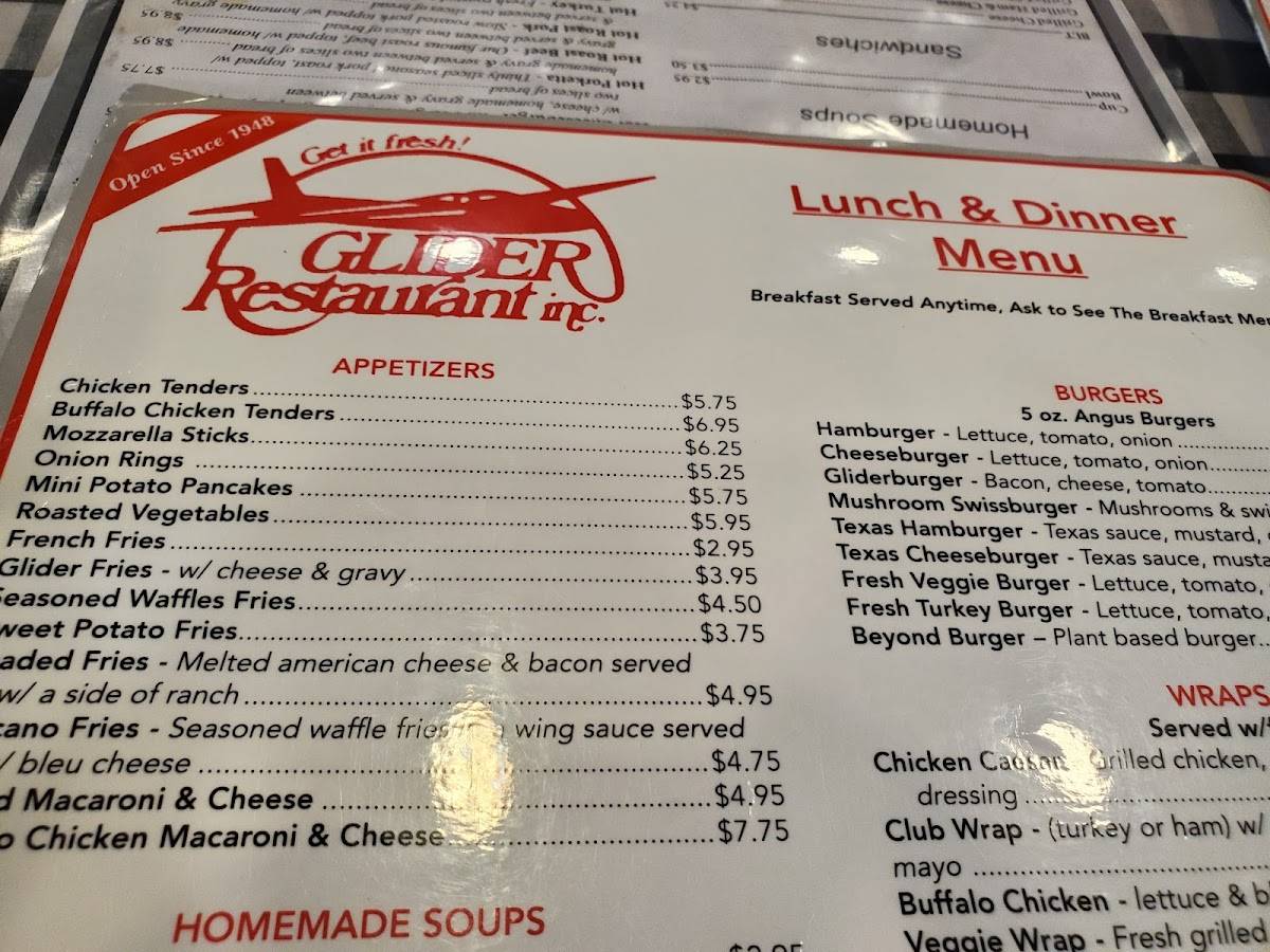 Menu at Glider Diner restaurant, Scranton