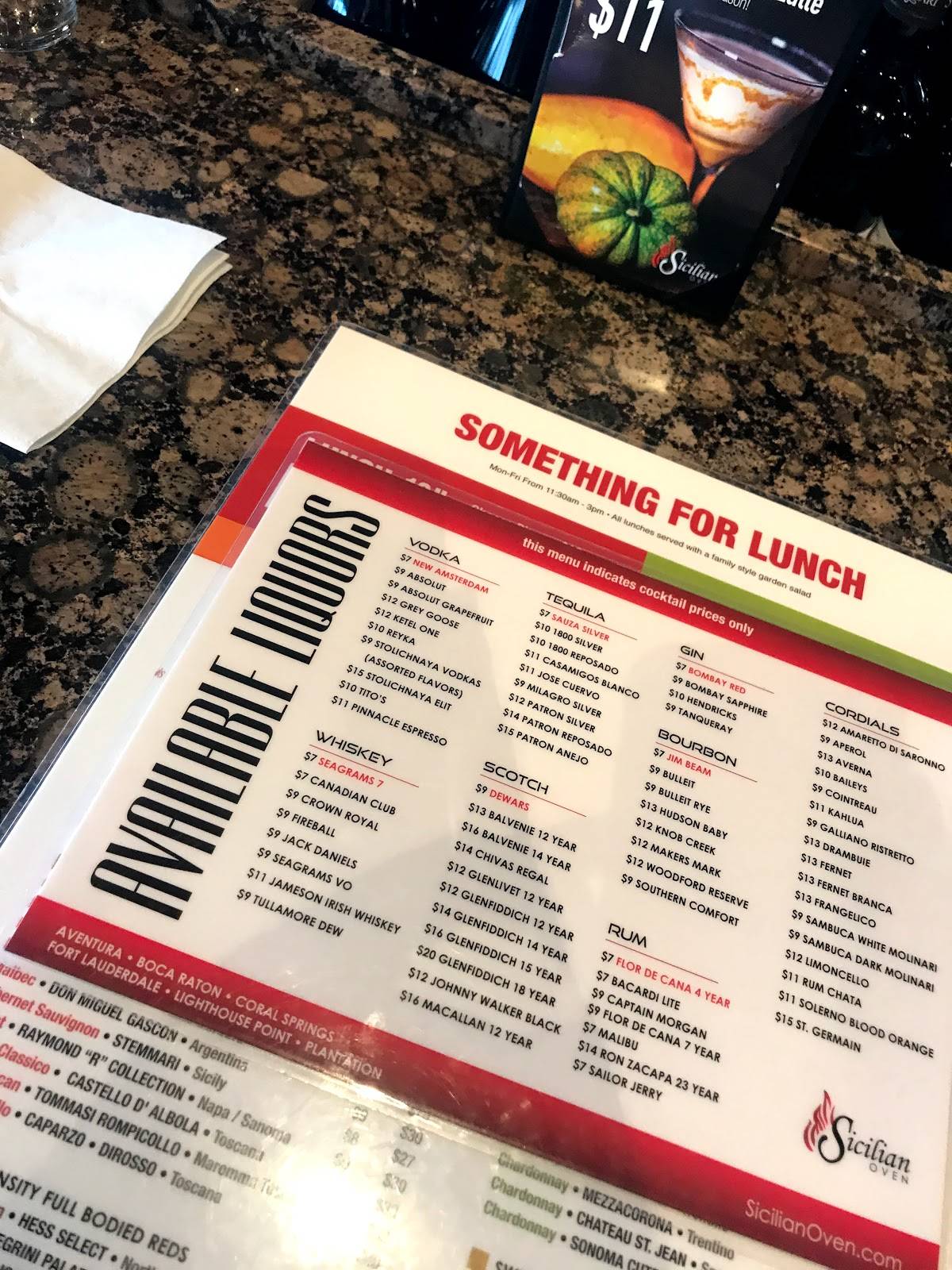 Menu at Sicilian Oven pizzeria, Lighthouse Point