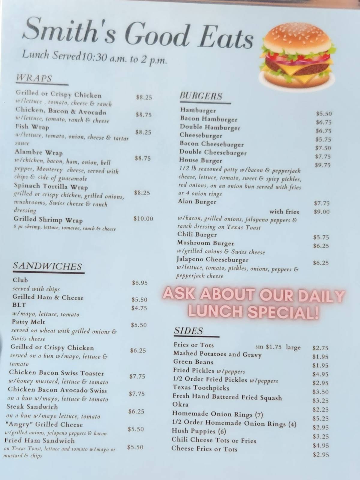 Menu at Smith Good Eats restaurant, Broken Bow
