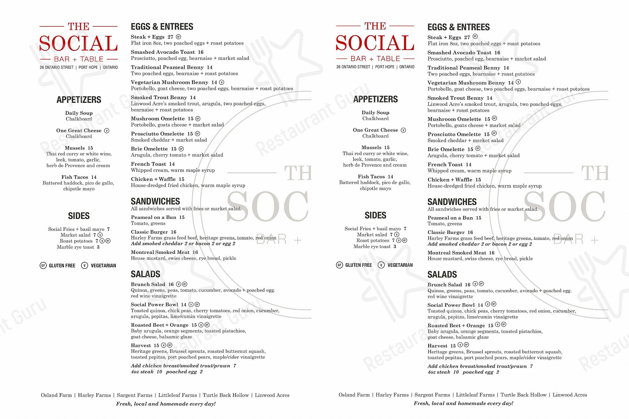 Menu au The Social Bar + Table, Port Hope