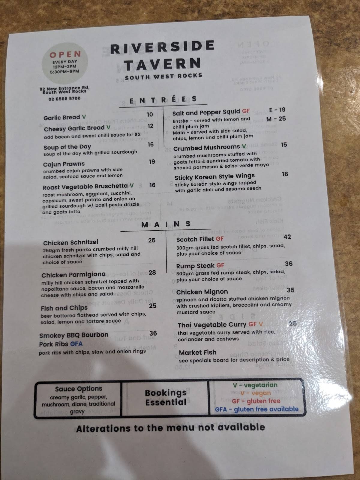 Menu at Riverside Tavern pub & bar, South West Rocks