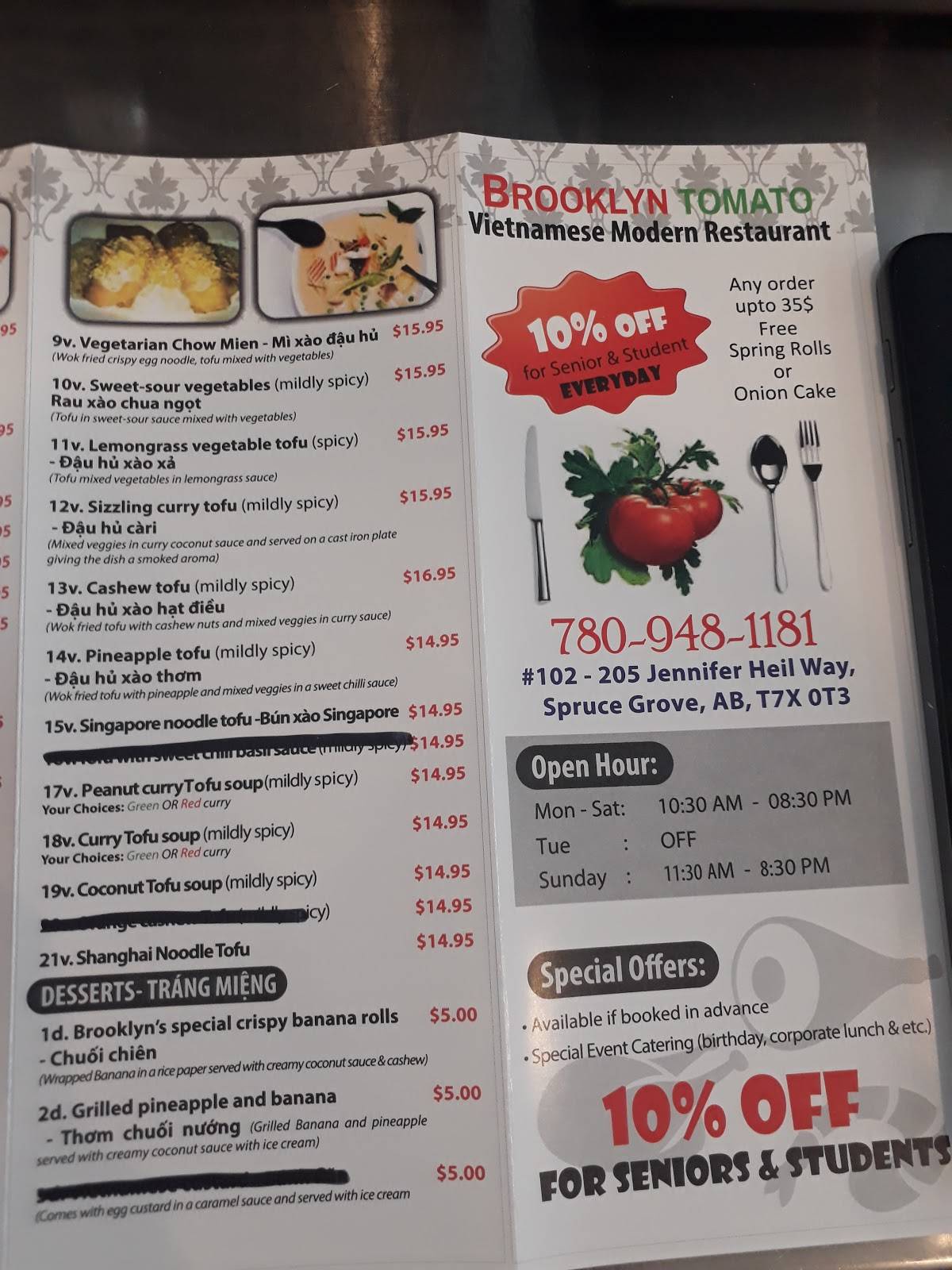 Menu at Brooklyn Tomato restaurant, Spruce Grove