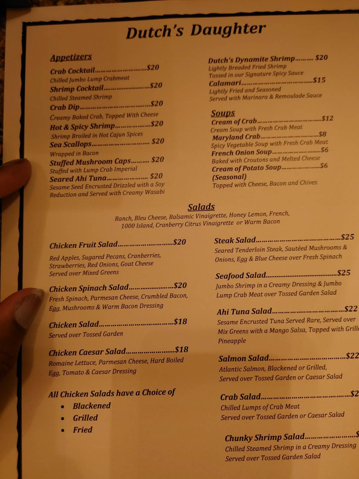 Menu at Dutch's Daughter steakhouse, Frederick, 581 Himes Ave
