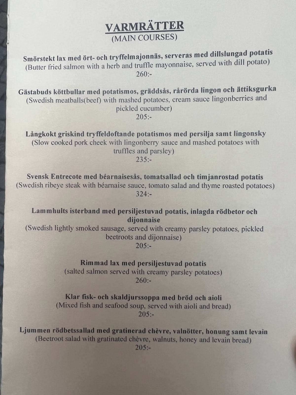 Menu at Stockholms Gästabud restaurant, Stockholm, Österlånggatan 7