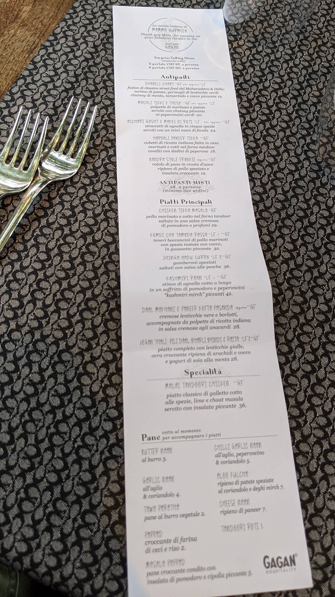 Menu da Tabla, Indian & Asian Cuisines, Collina d'Oro
