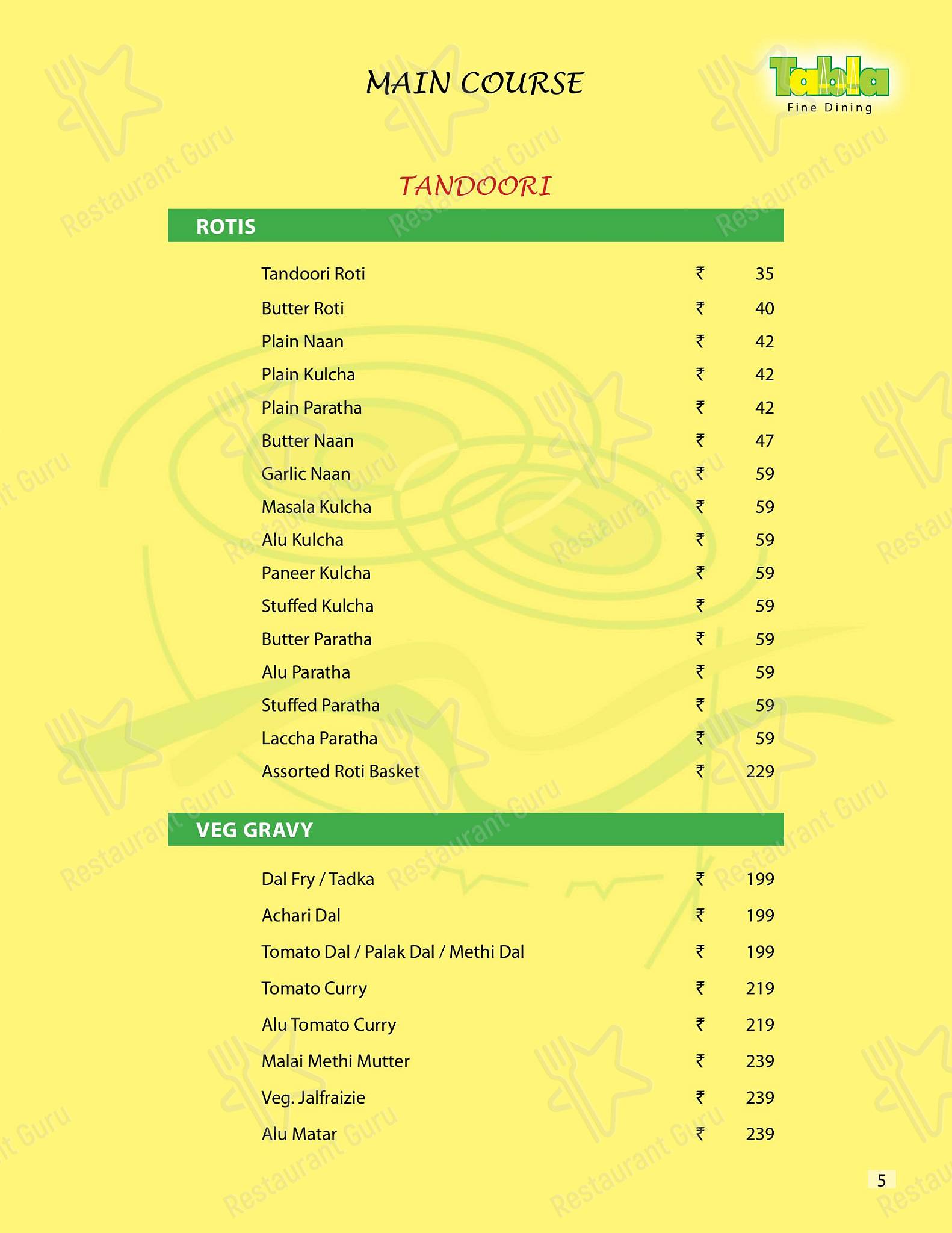 Menu at Tabla Restaurant & Banquet, Hyderabad, 2nd Floor