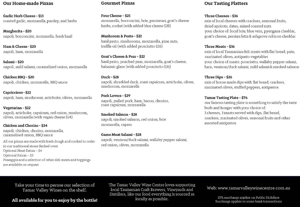 Menu at Tamar Valley Wine Centre restaurant, Exeter
