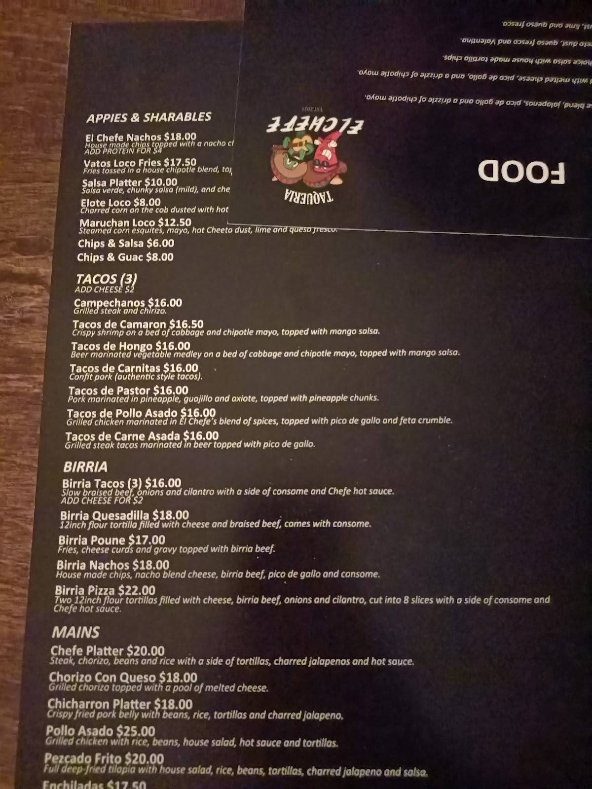 Menu at Taqueria El Chefe restaurant, Calgary