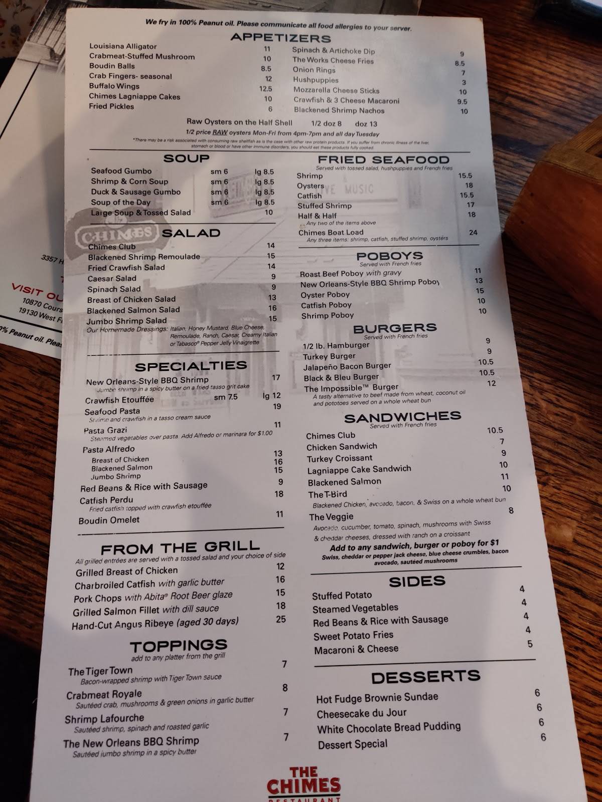 Menu at The Chimes pub & bar, Baton Rouge