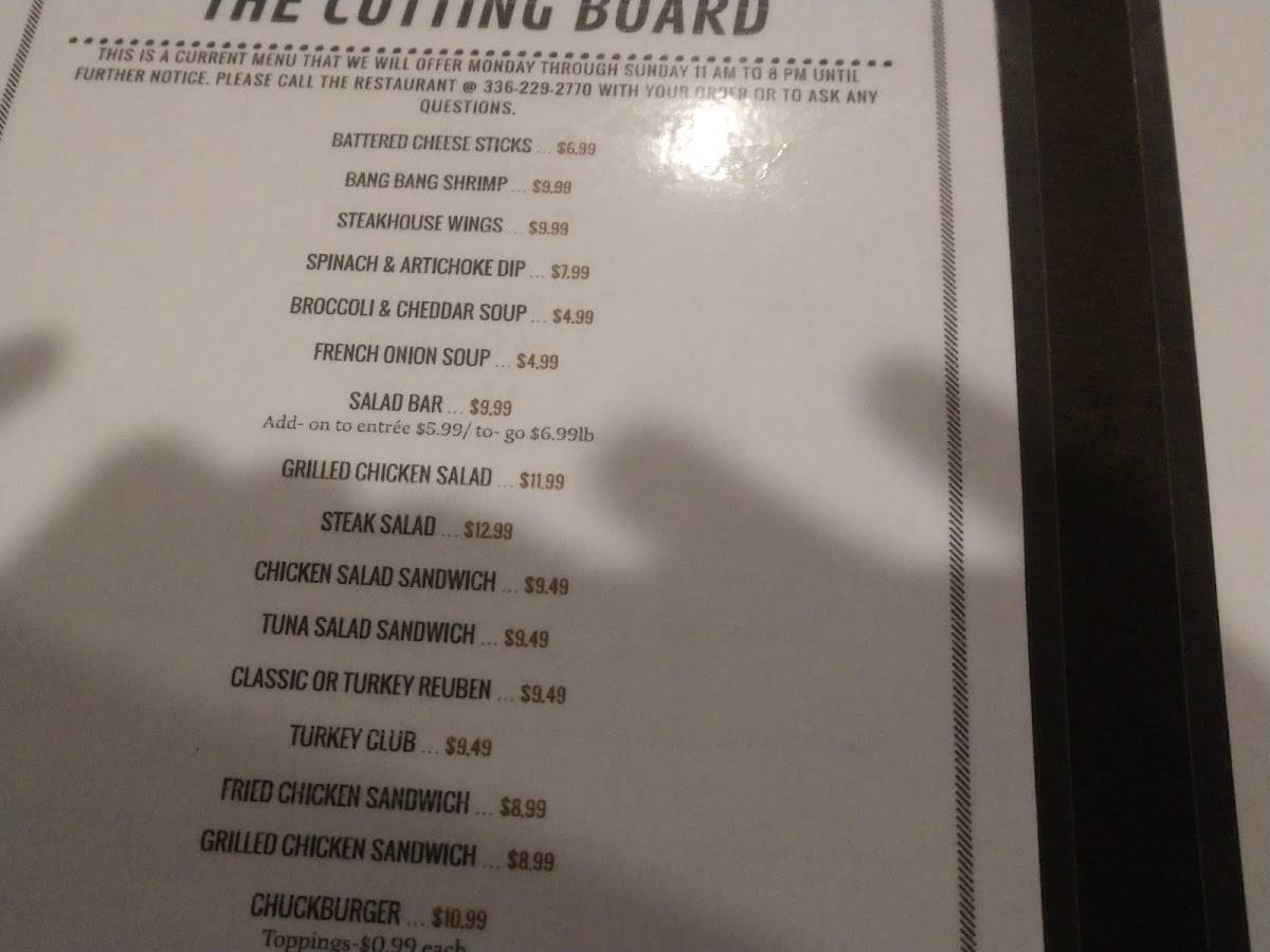 Menu at The Cutting Board steakhouse, Burlington